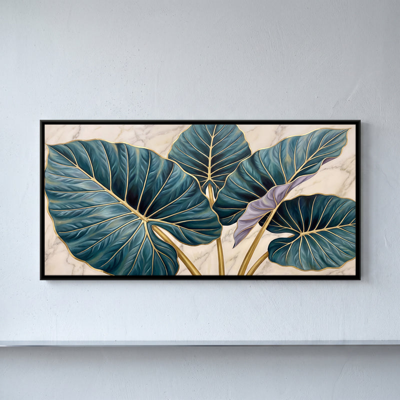 Gilded Elephant Ear Leaves - framed canvas art hung on a wall