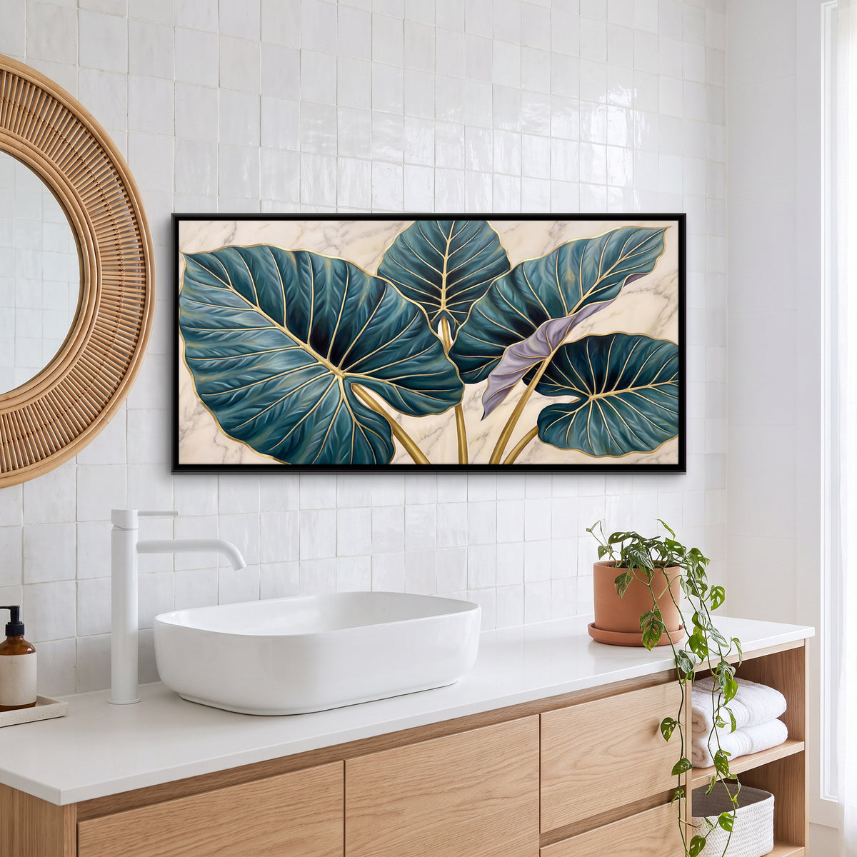 Gilded Elephant Ear Leaves - canvas art shown in a styled room