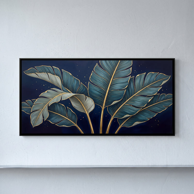 Banana Leaves on Navy - framed canvas art hung on a wall