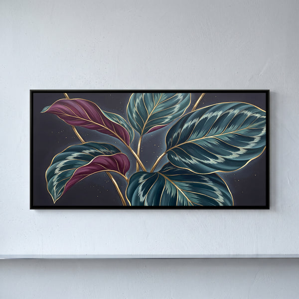 Calathea Leaves with Burgundy Reverse on Dark Background