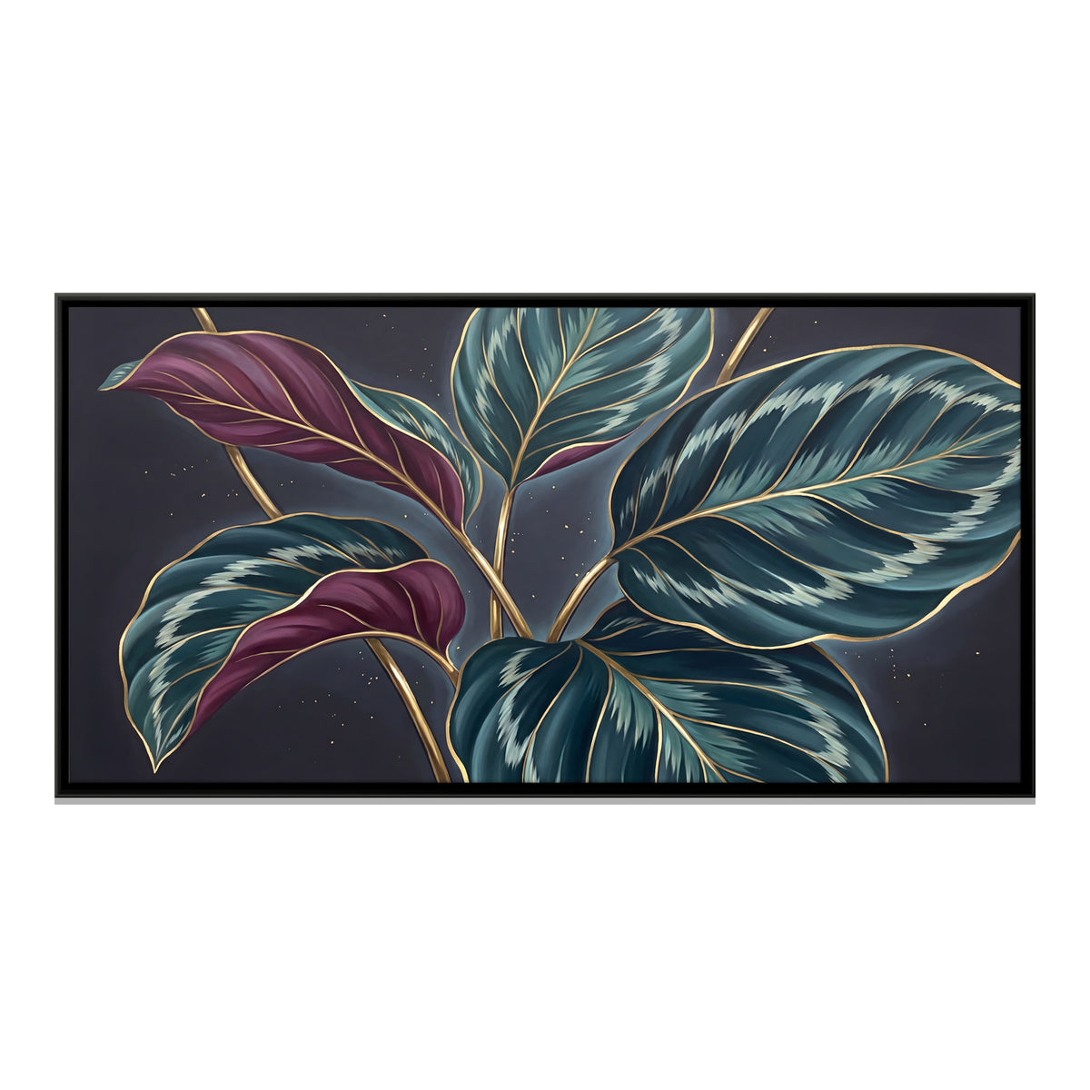 Calathea Leaves on Black - framed canvas print, front view