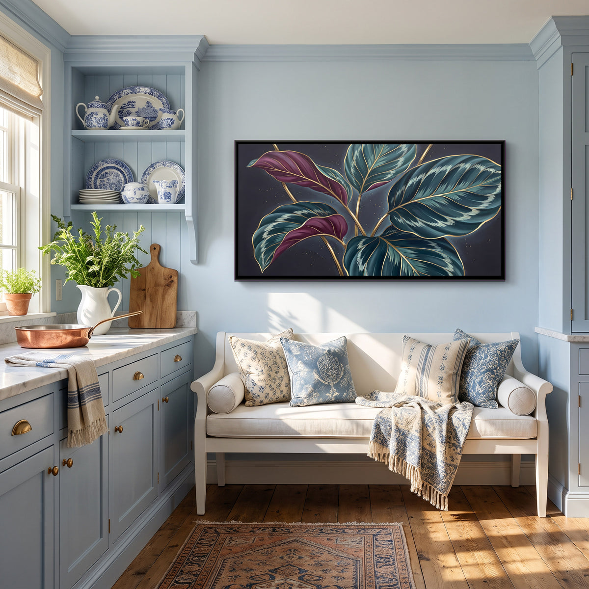 Calathea Leaves on Black - canvas art shown in a second room setting