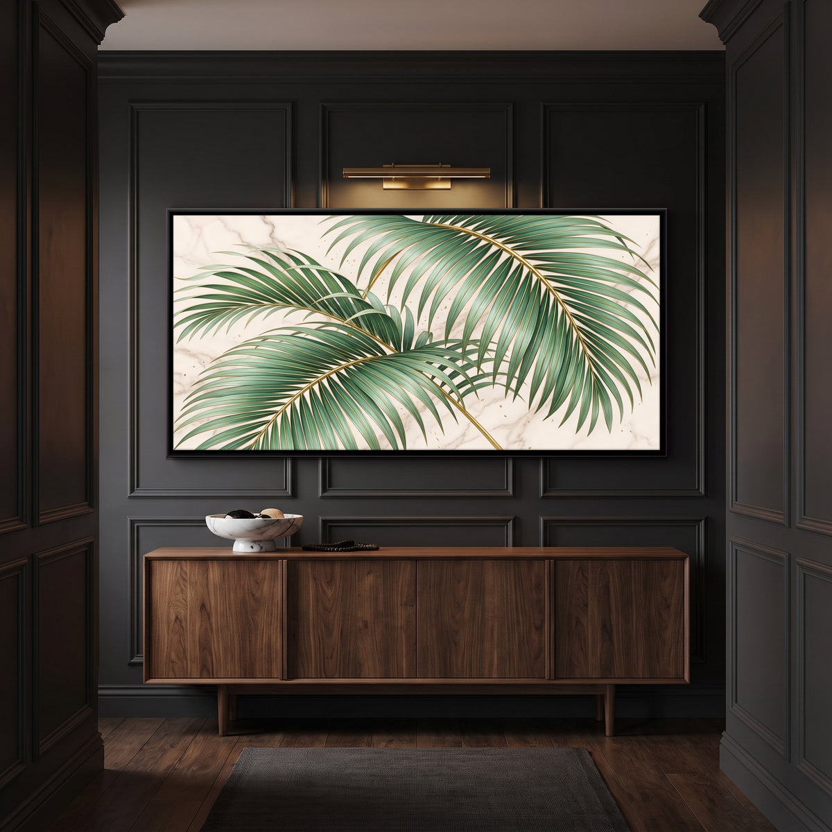 Palm Fronds on Marble - canvas art shown in a second room setting