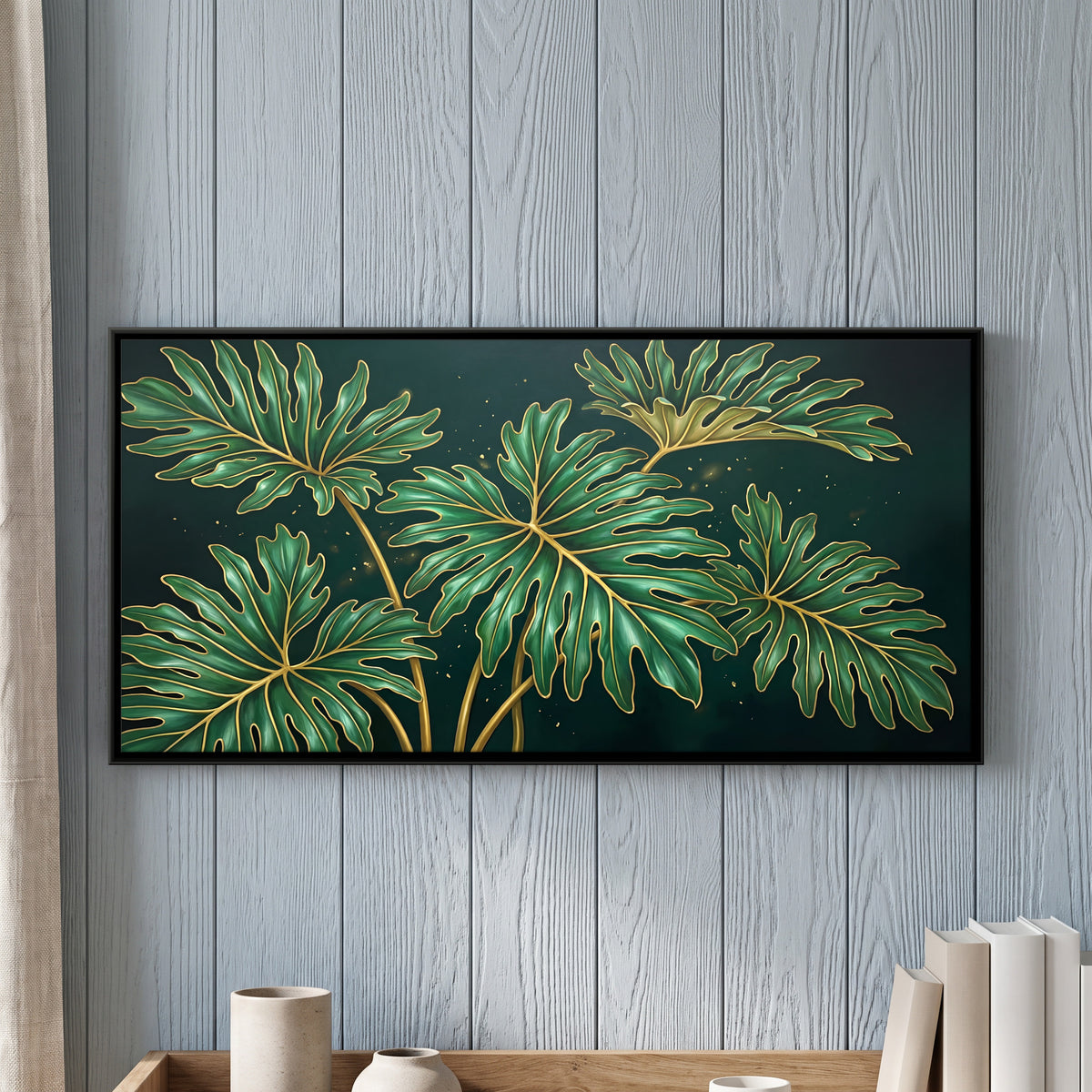 Emerald Philodendron Leaves - framed canvas art hung on a wall