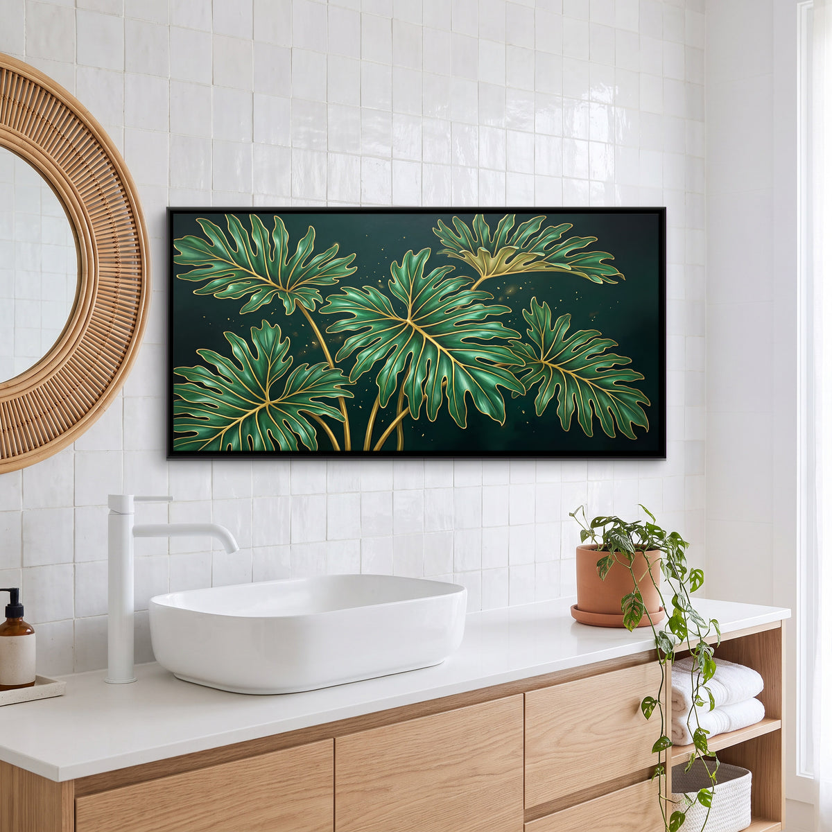 Emerald Philodendron Leaves - canvas art shown in a styled room