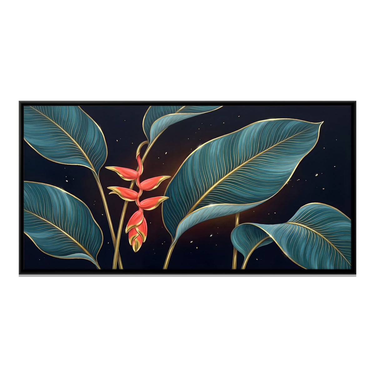 Coral Heliconia with Teal Leaves - framed canvas print, front view