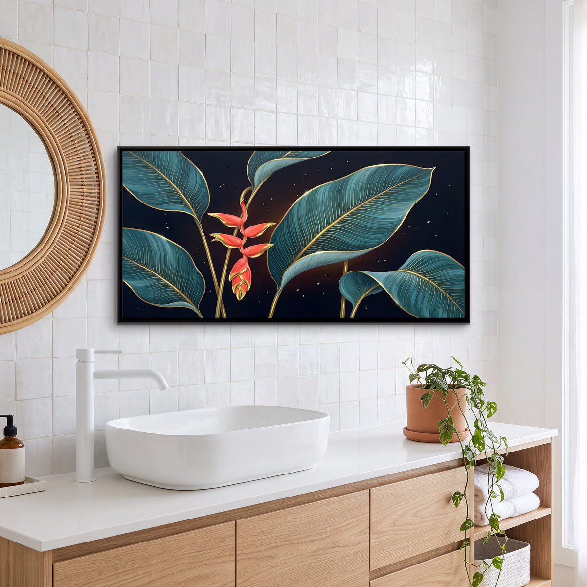 Coral Heliconia with Teal Leaves - canvas art shown in a styled room