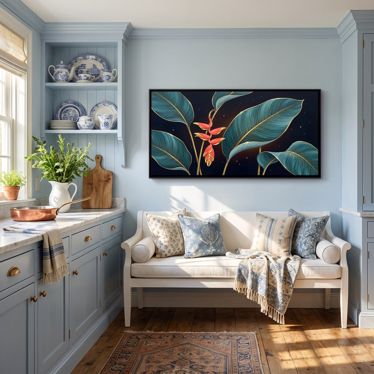 Coral Heliconia with Teal Leaves - canvas art shown in a second room setting