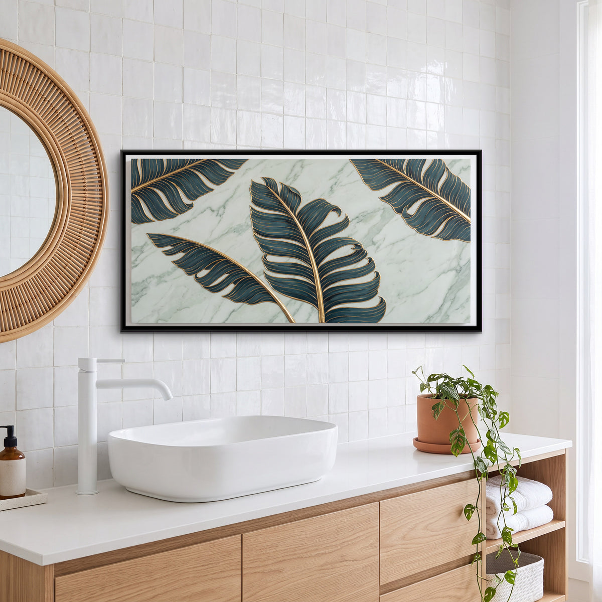 Banana Leaves on Marble - canvas art shown in a styled room
