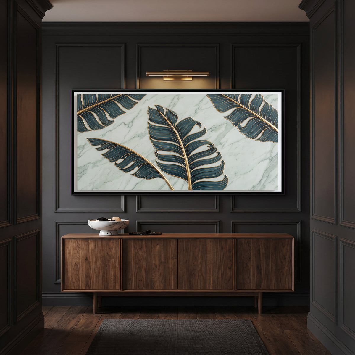 Banana Leaves on Marble - canvas art shown in a second room setting