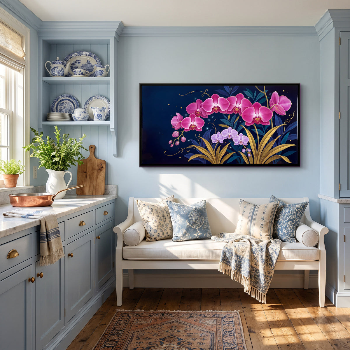 Pink Orchids on Navy - canvas art shown in a second room setting