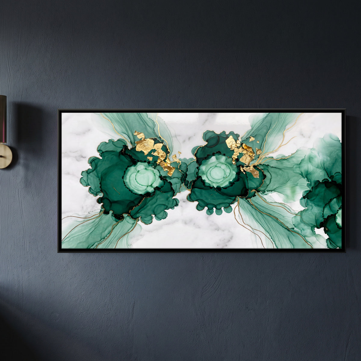 Emerald Ink Blooms on Marble - framed canvas art hung on a wall