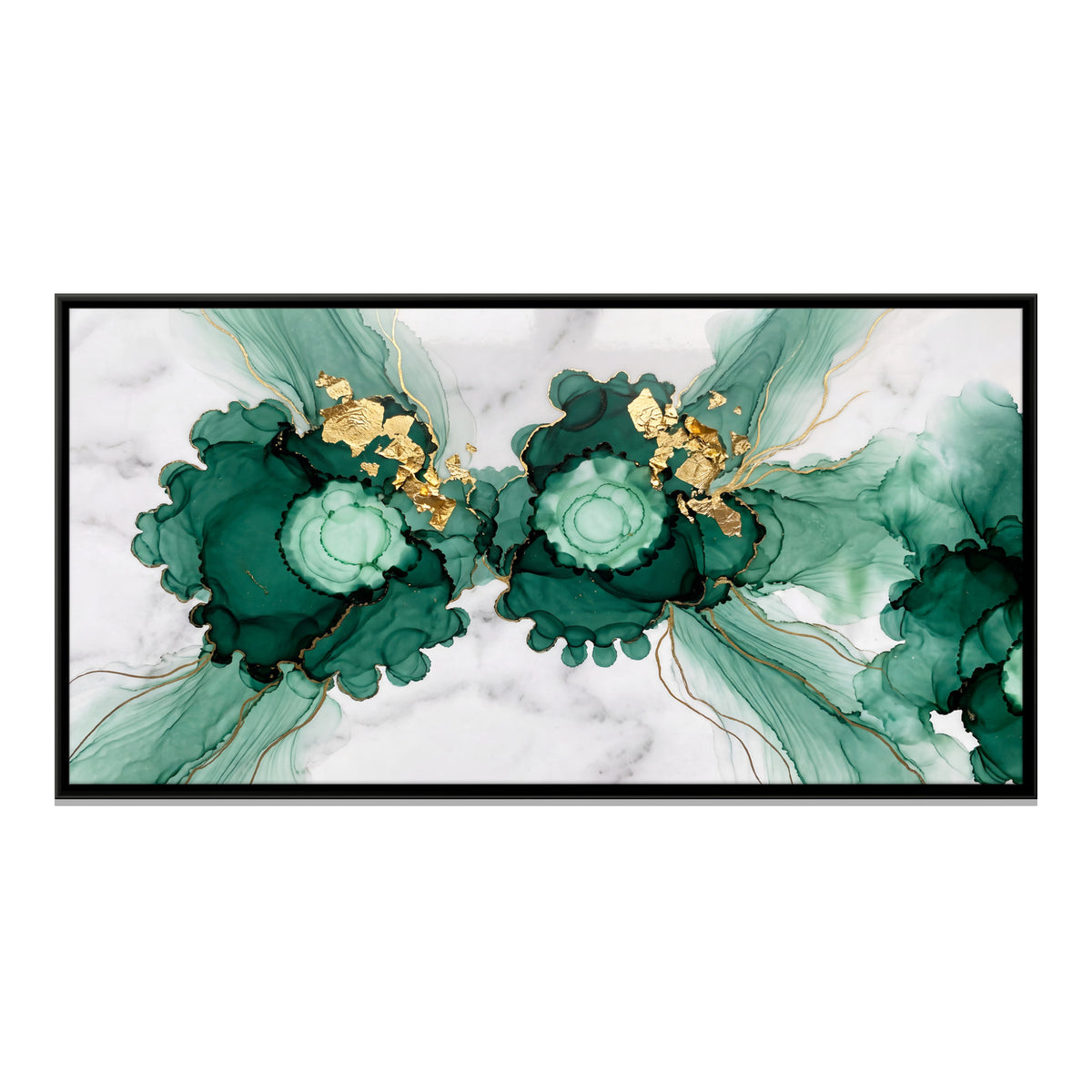 Emerald Ink Blooms on Marble - framed canvas print, front view