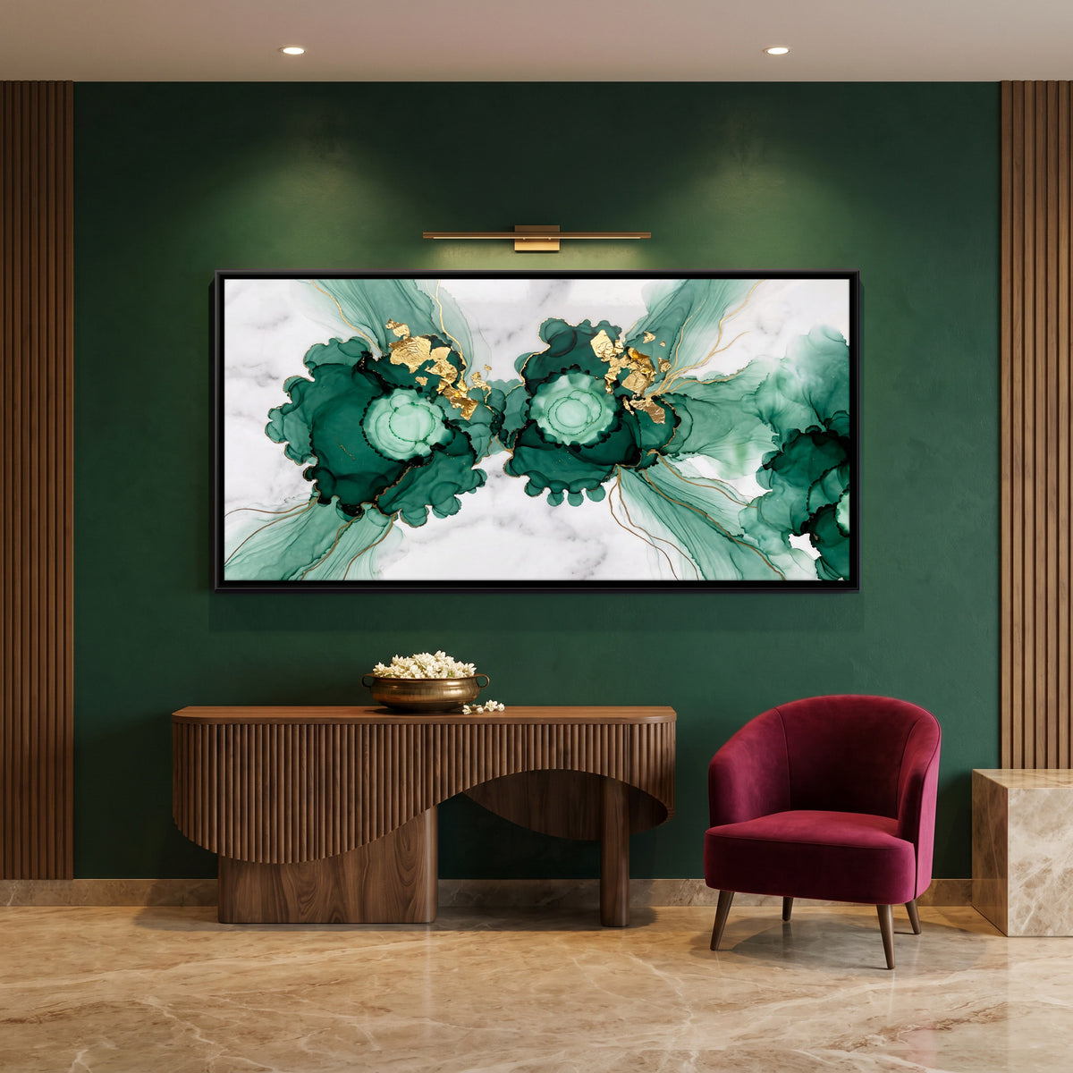 Emerald Ink Blooms on Marble - canvas art shown in a styled room