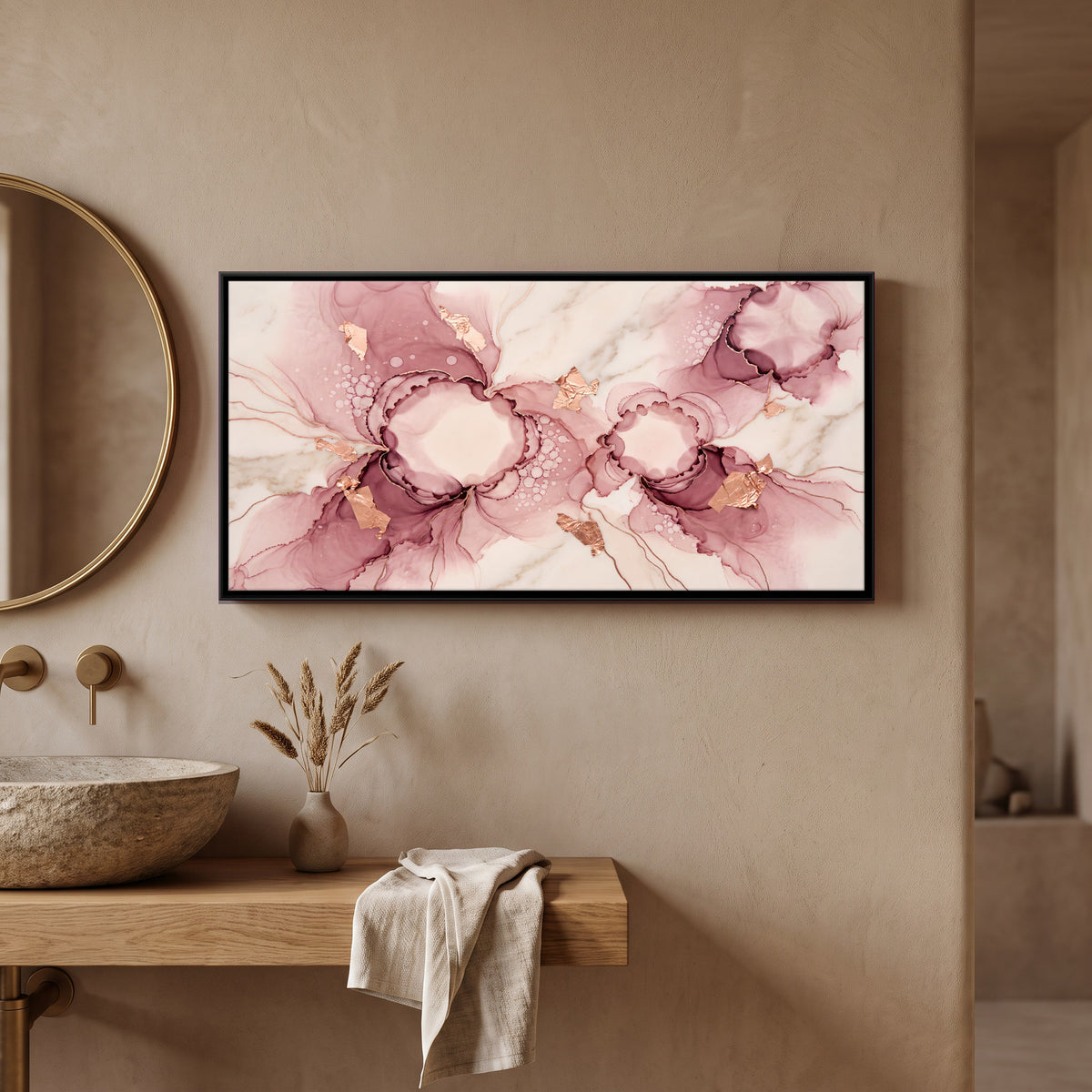 Blush and Mauve Ink Blooms - canvas art shown in a styled room