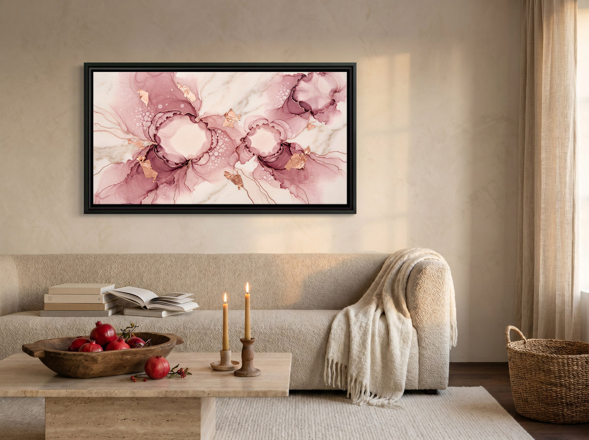 Blush and Mauve Ink Blooms - canvas art shown in a second room setting