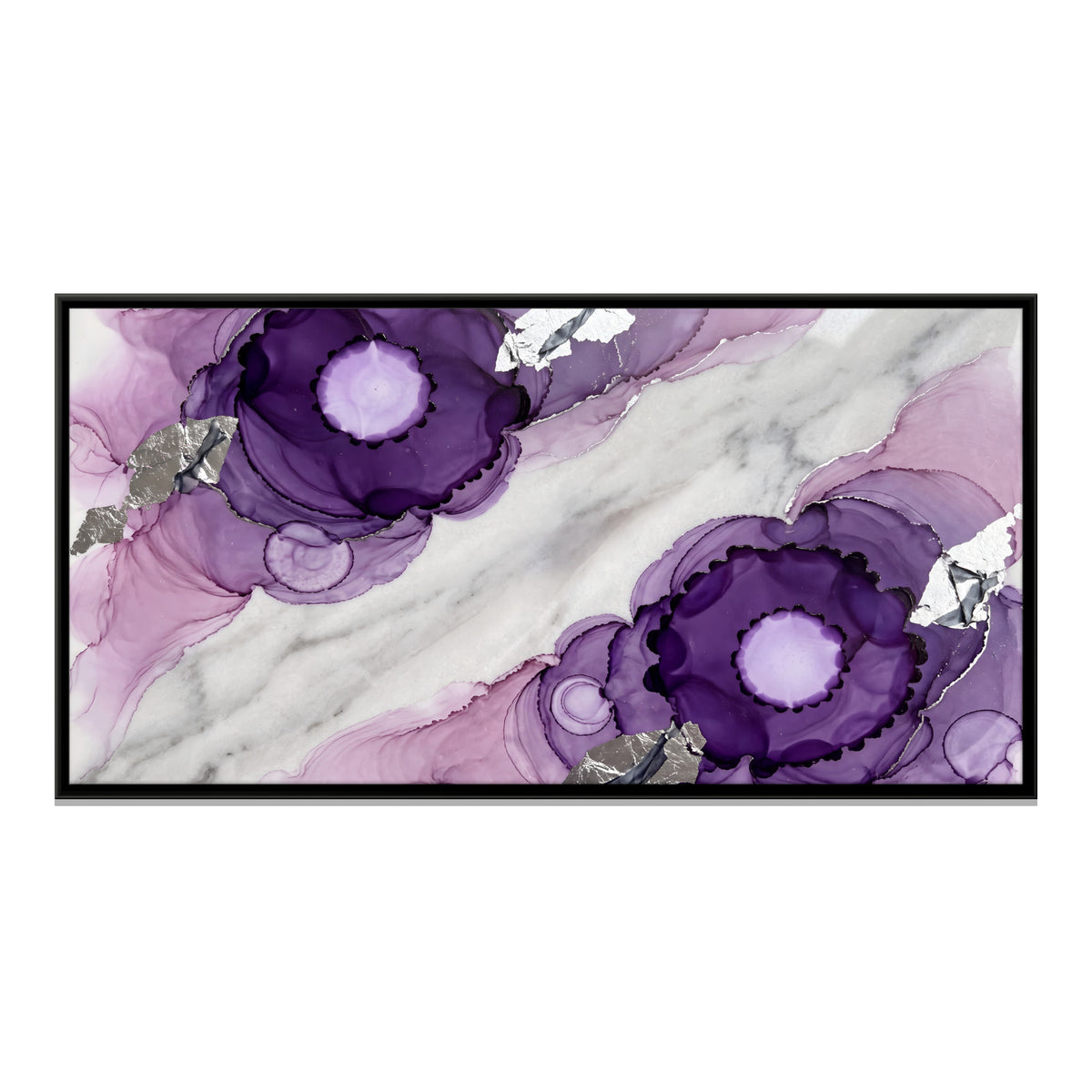 Violet Ink Blooms on Marble - framed canvas print, front view