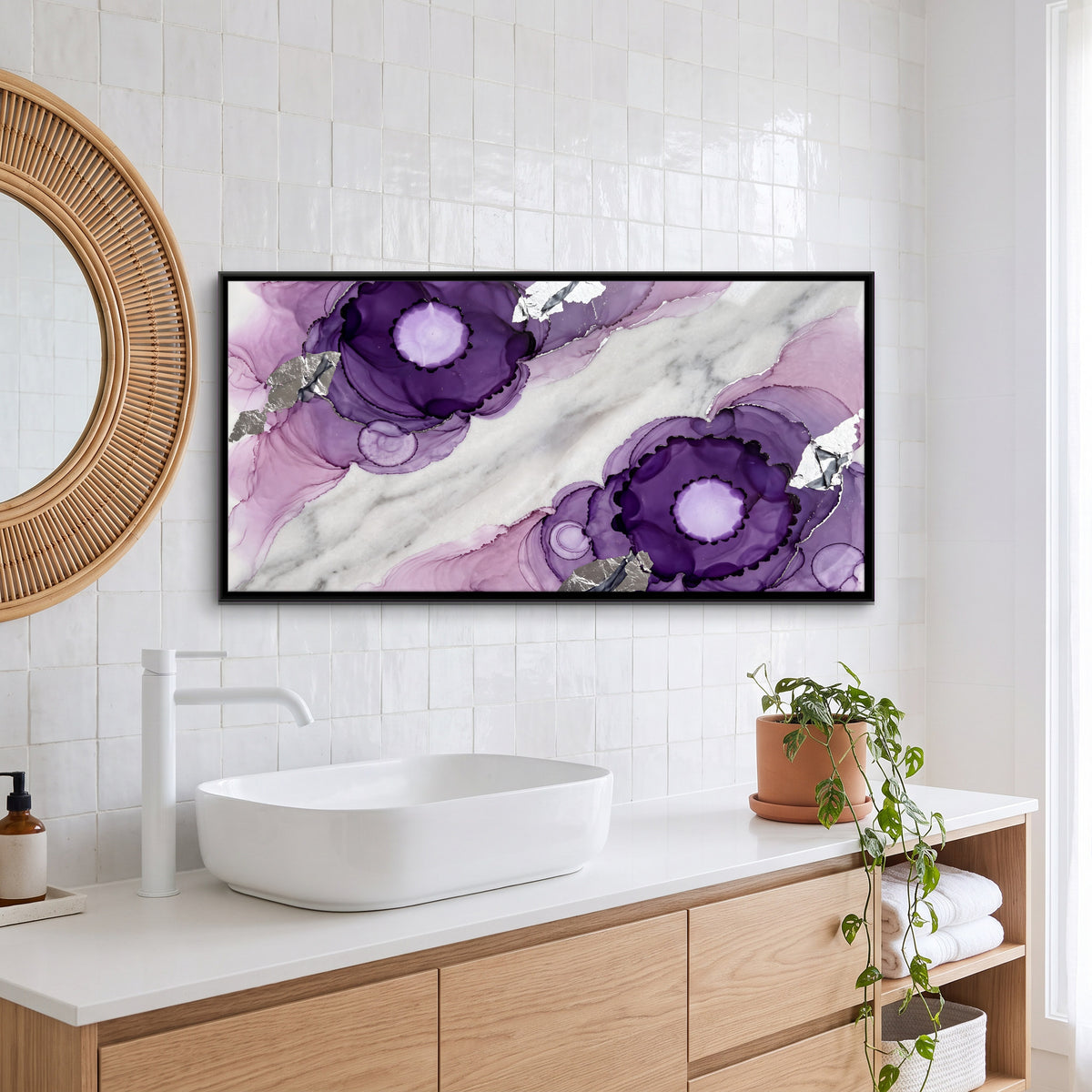 Violet Ink Blooms on Marble - canvas art shown in a styled room