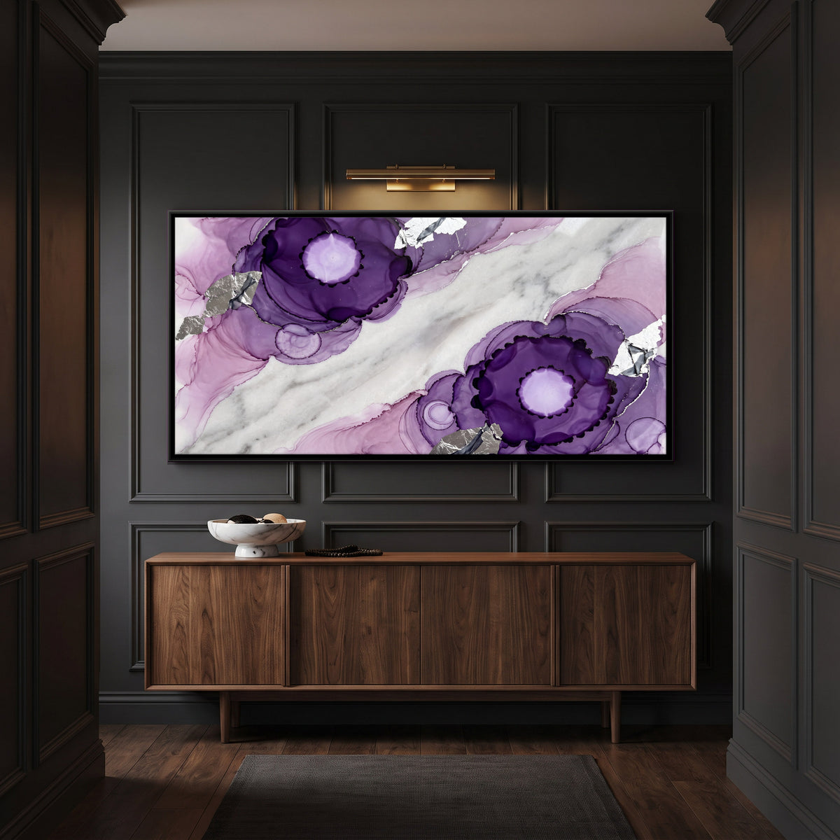 Violet Ink Blooms on Marble - canvas art shown in a second room setting