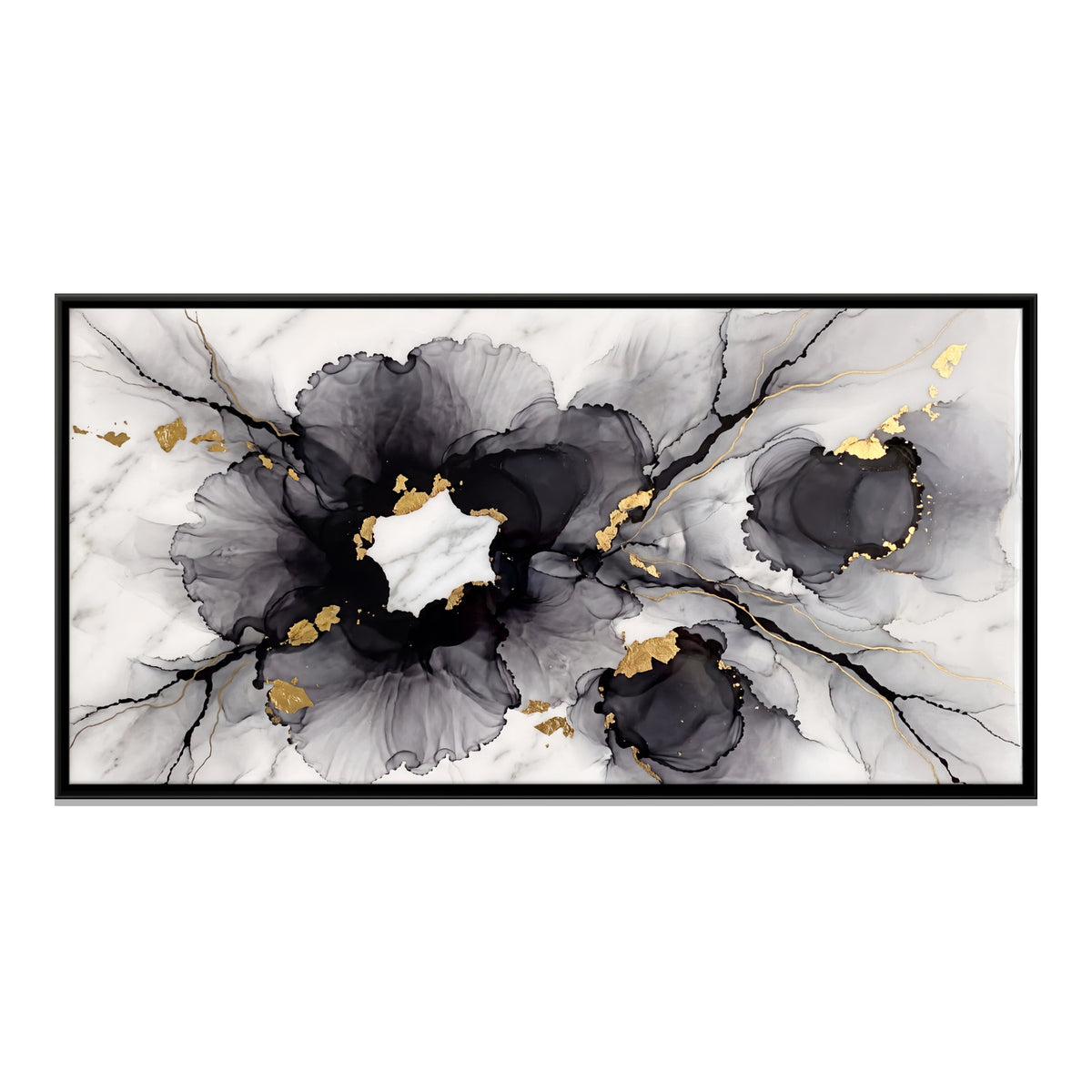 Black Ink Blooms on Marble - framed canvas print, front view