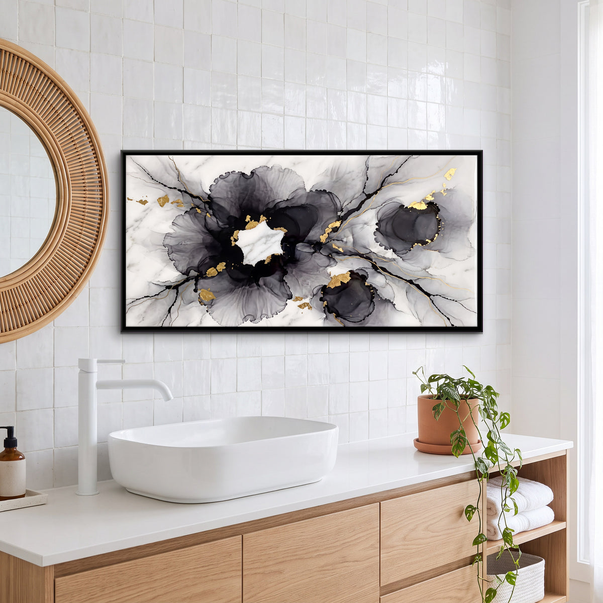 Black Ink Blooms on Marble - canvas art shown in a styled room