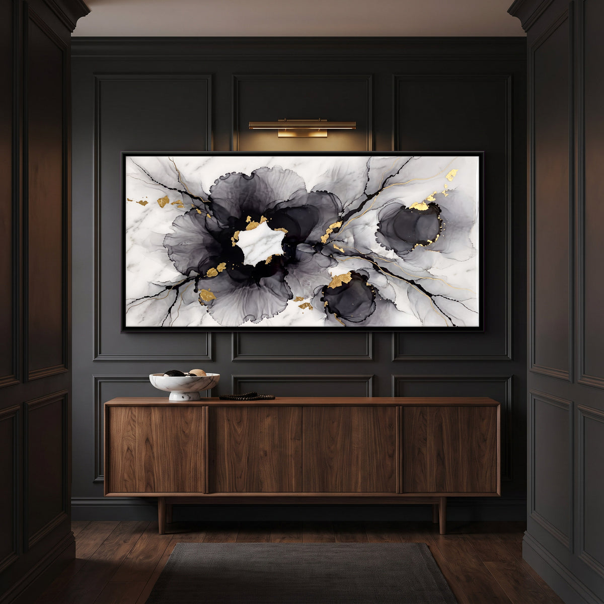 Black Ink Blooms on Marble - canvas art shown in a second room setting