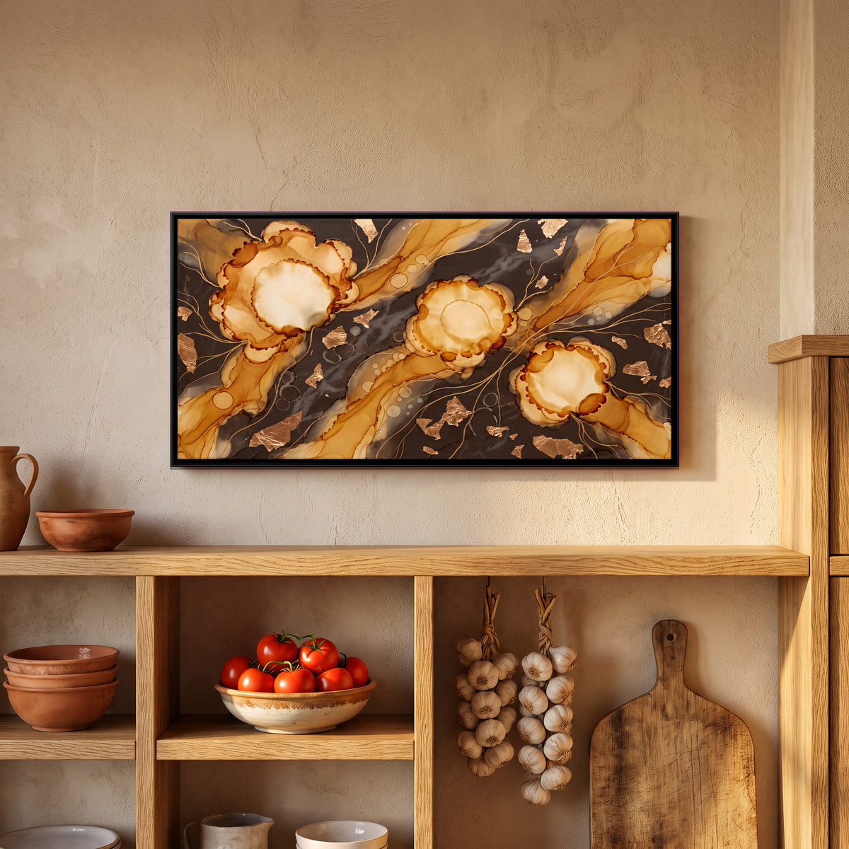 Amber and Copper Ink Abstract - canvas art shown in a styled room