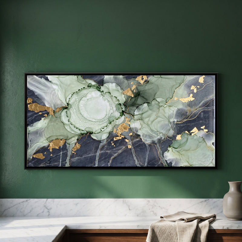Sage Ink Bloom on Marble - framed canvas art hung on a wall