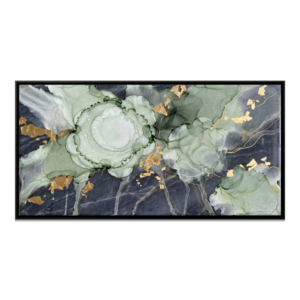 Sage Ink Bloom on Marble - framed canvas print, front view