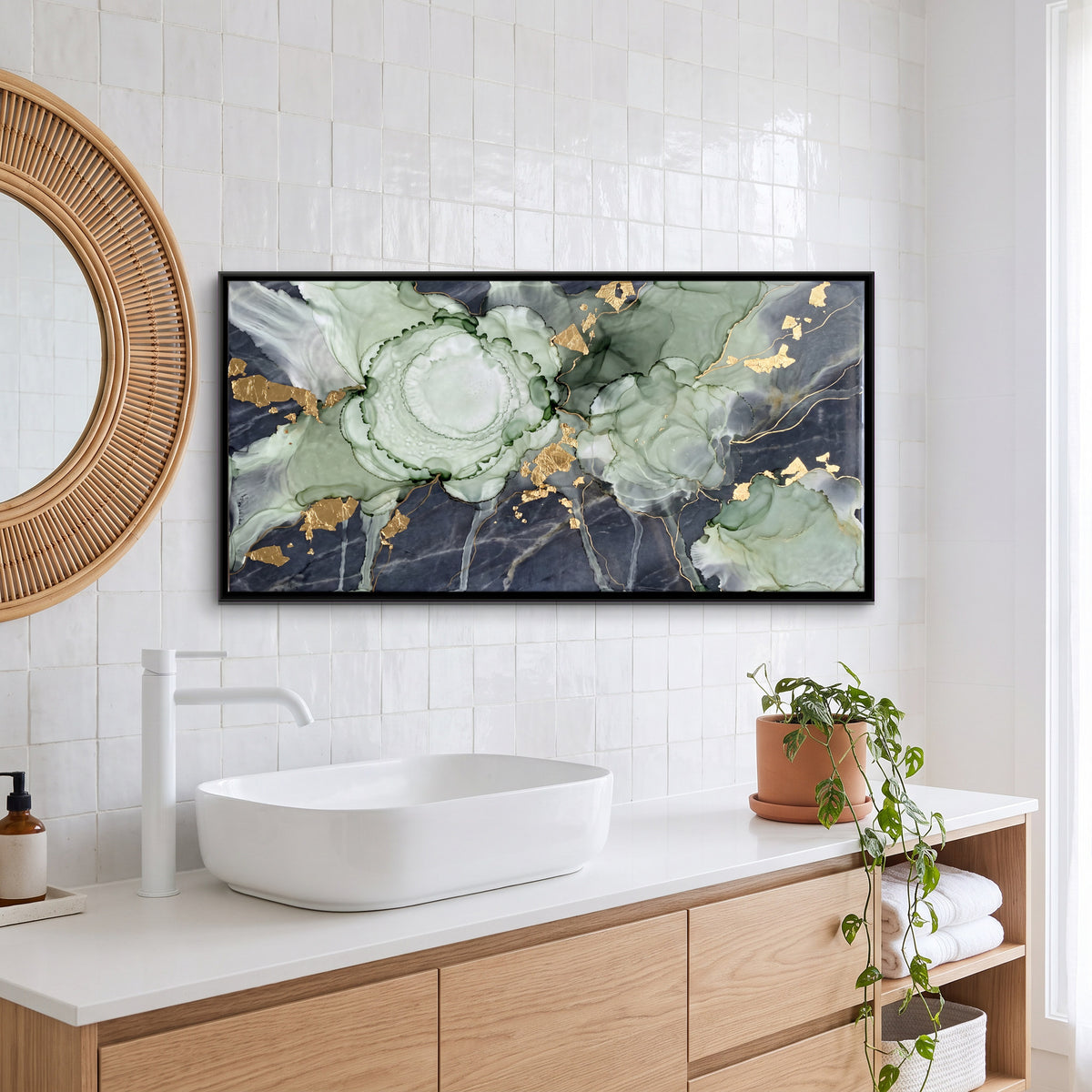 Sage Ink Bloom on Marble - canvas art shown in a styled room