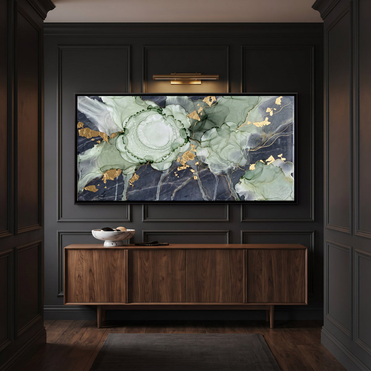 Sage Ink Bloom on Marble - canvas art shown in a second room setting