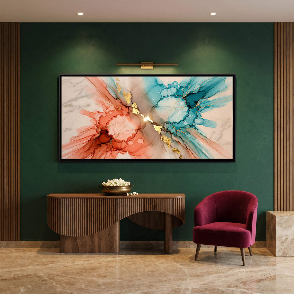 Coral and Teal Ink Blooms - canvas art shown in a second room setting