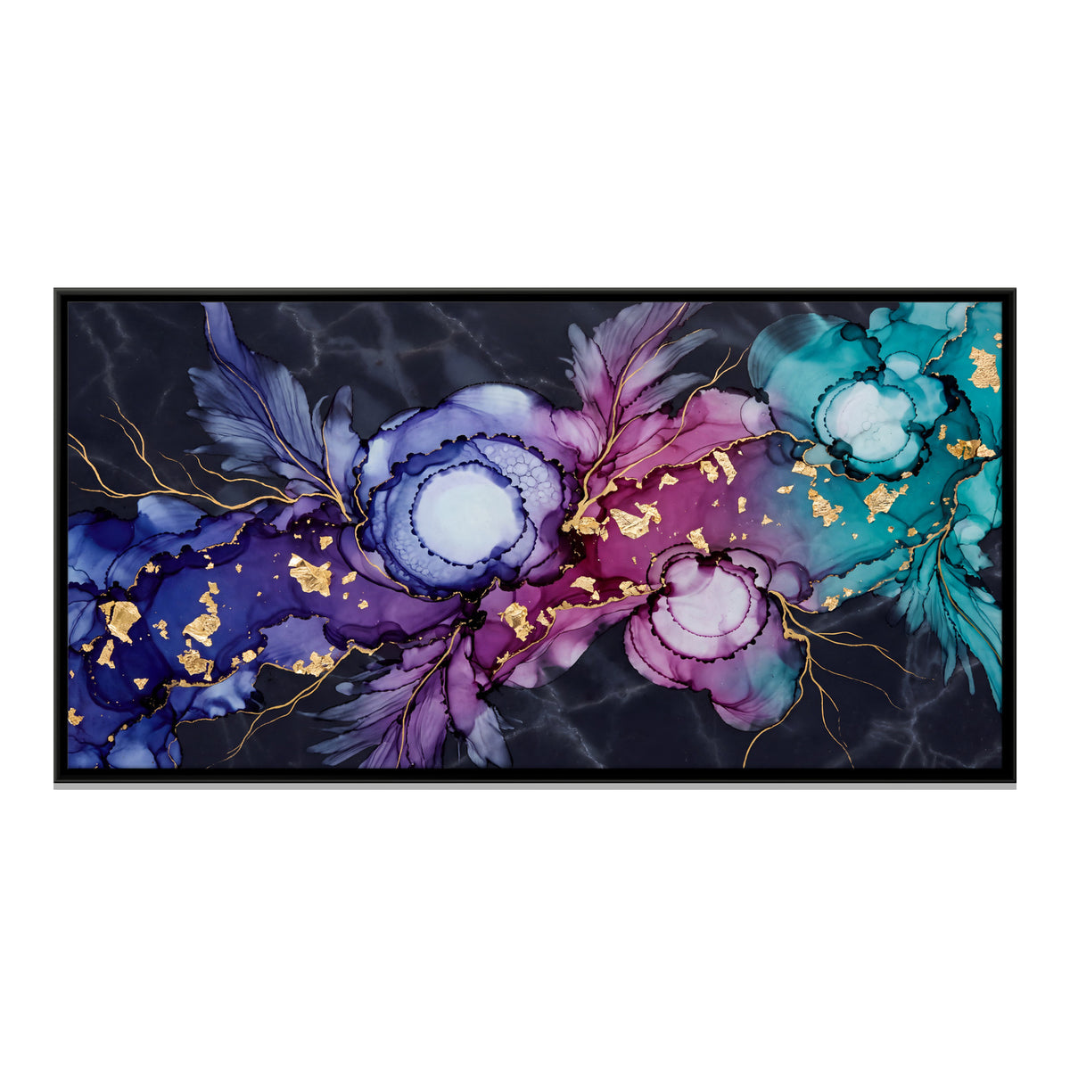 Indigo and Violet Ink Blooms - framed canvas print, front view