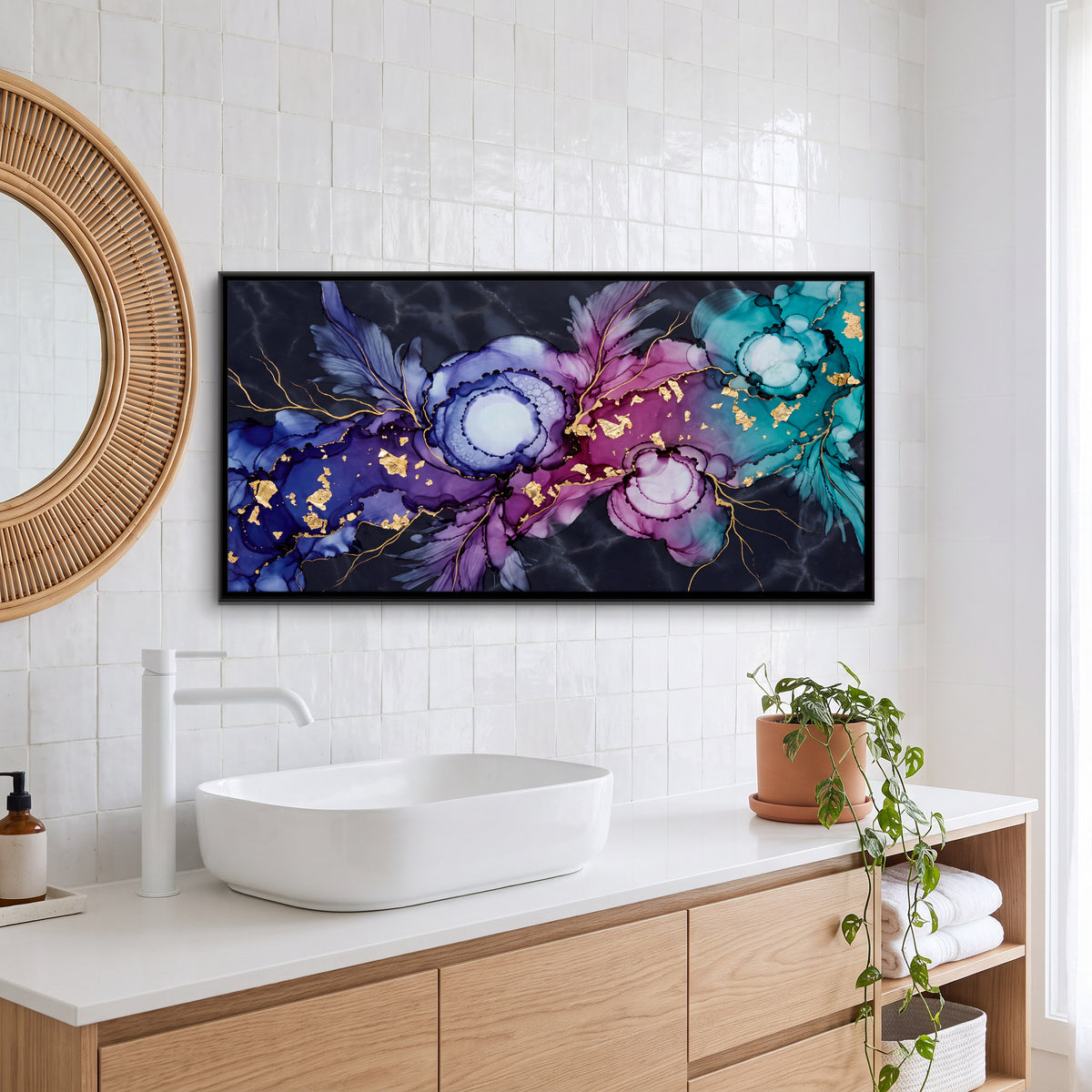 Indigo and Violet Ink Blooms - canvas art shown in a styled room