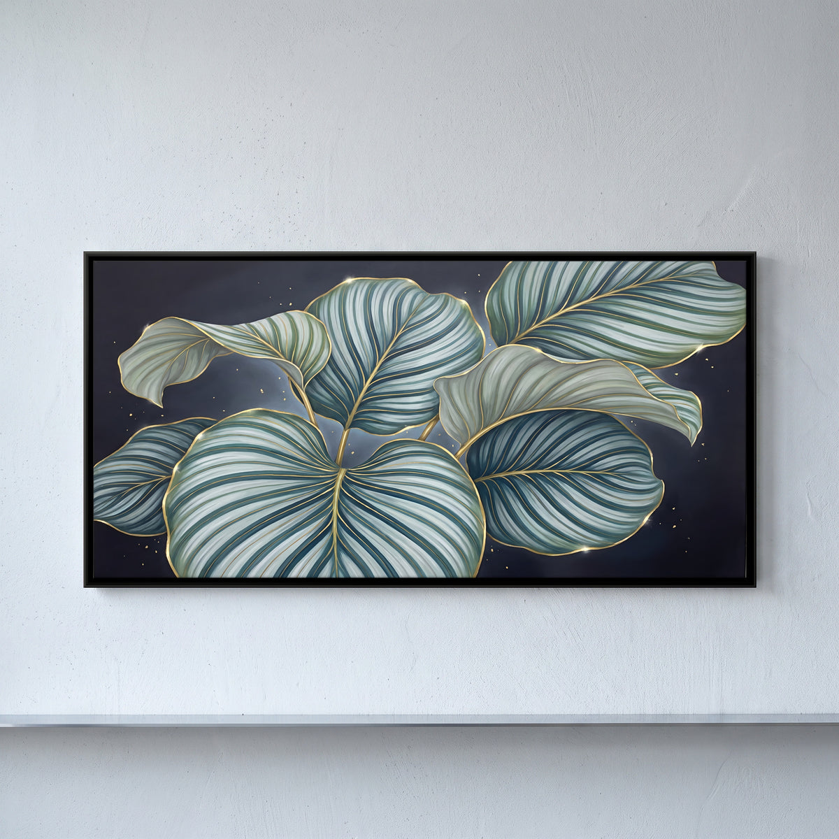 Sage and Gold Calathea Leaves - framed canvas art hung on a wall