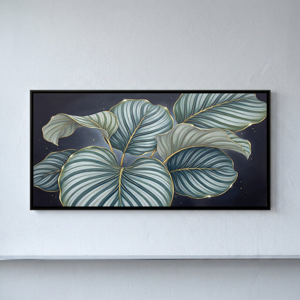 Sage and Gold Calathea Leaves on Dark Background