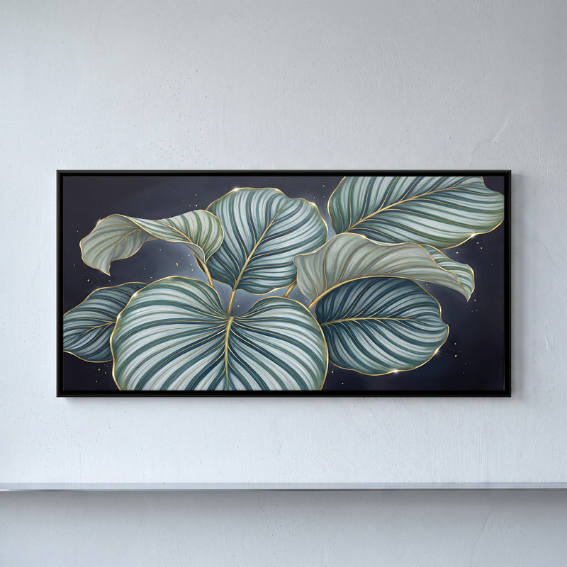 Sage and Gold Calathea Leaves - framed canvas art hung on a wall