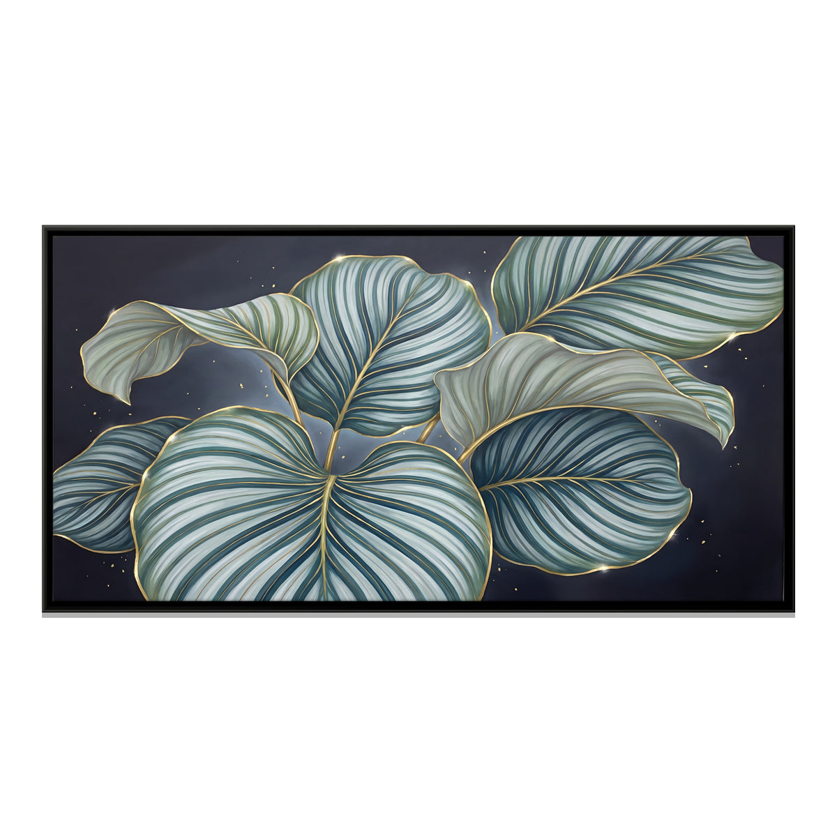Sage and Gold Calathea Leaves - framed canvas print, front view