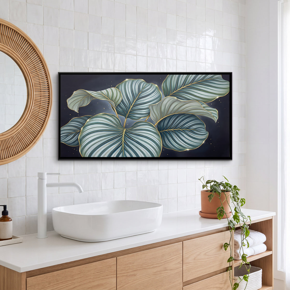 Sage and Gold Calathea Leaves - canvas art shown in a styled room