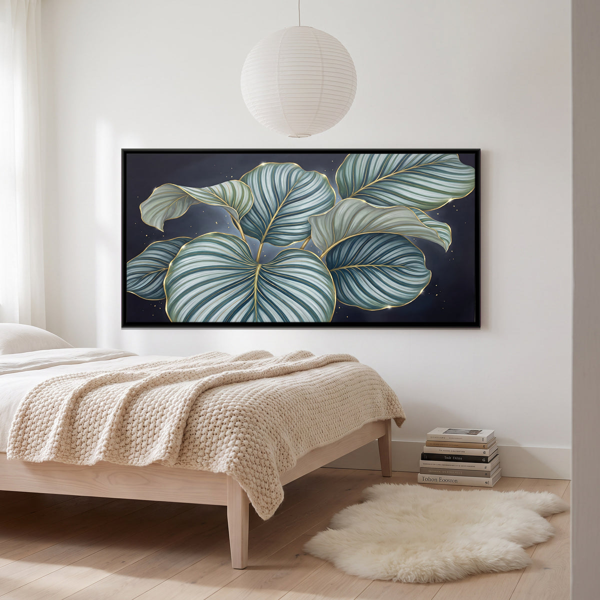 Sage and Gold Calathea Leaves - canvas art shown in a second room setting