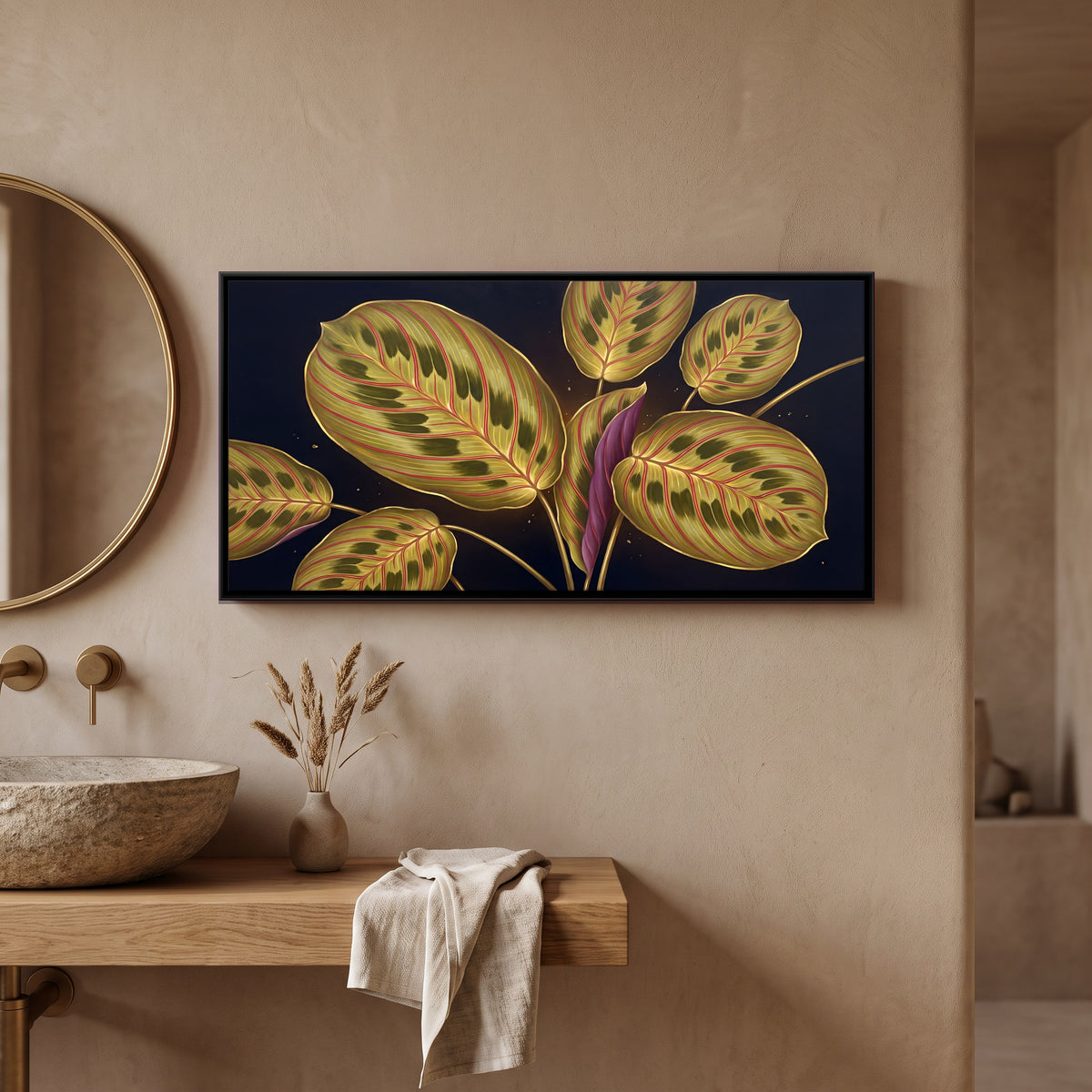 Prayer Plant Leaves - canvas art shown in a styled room