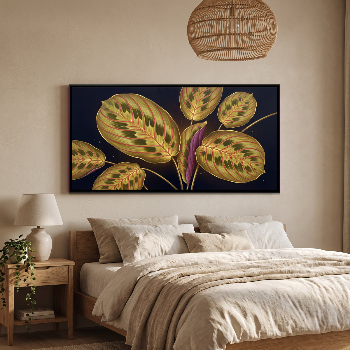 Prayer Plant Leaves - canvas art shown in a second room setting
