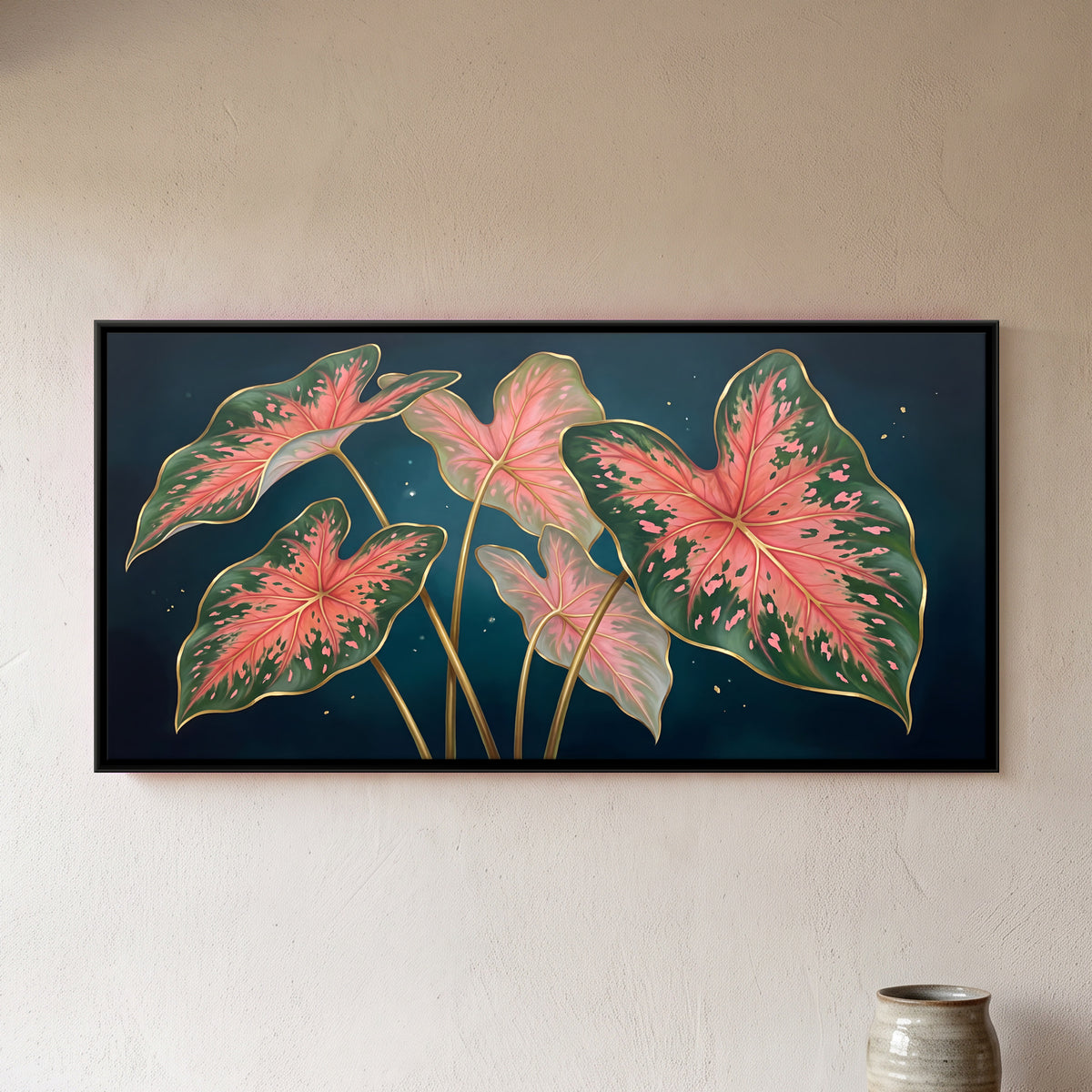 Pink Caladium Leaves - framed canvas art hung on a wall