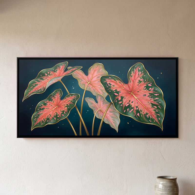 Pink Caladium Leaves - framed canvas art hung on a wall