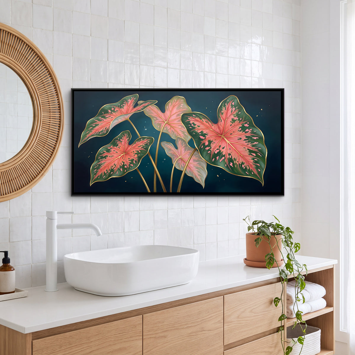 Pink Caladium Leaves - canvas art shown in a styled room
