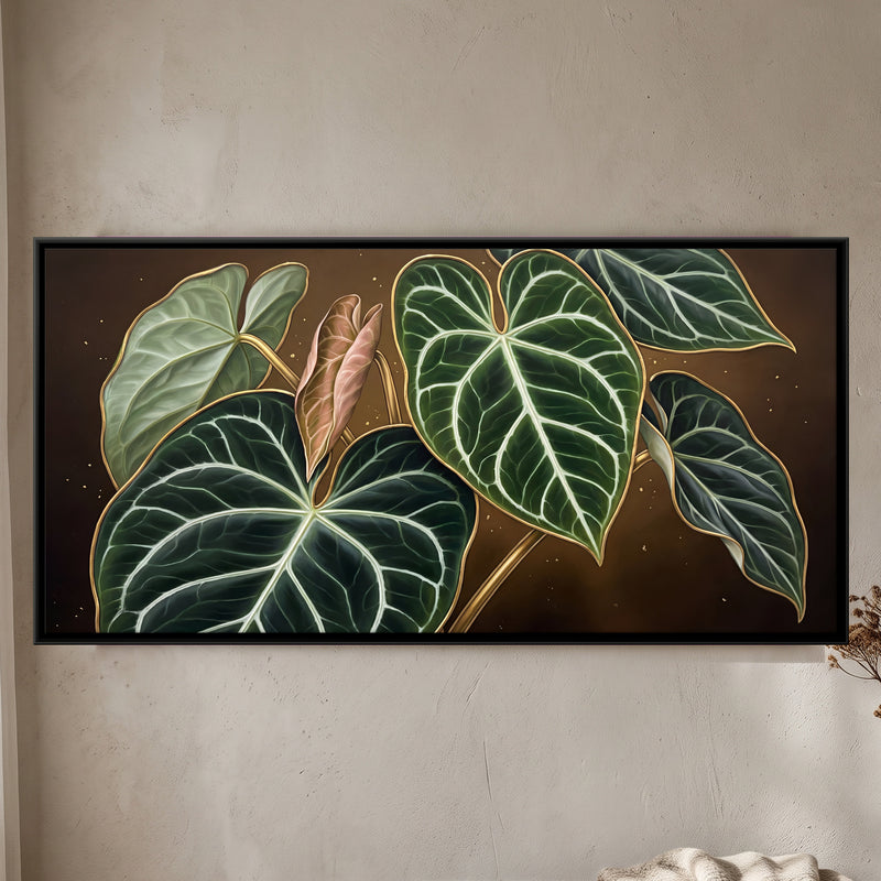 Anthurium Leaves with Silver Veins - framed canvas art hung on a wall