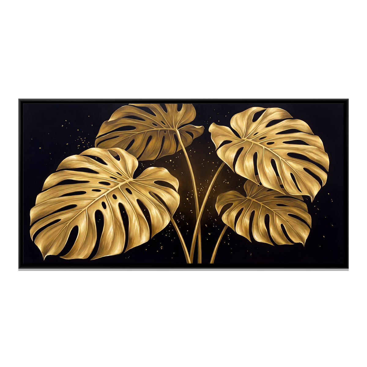 Golden Monstera Leaves - framed canvas print, front view