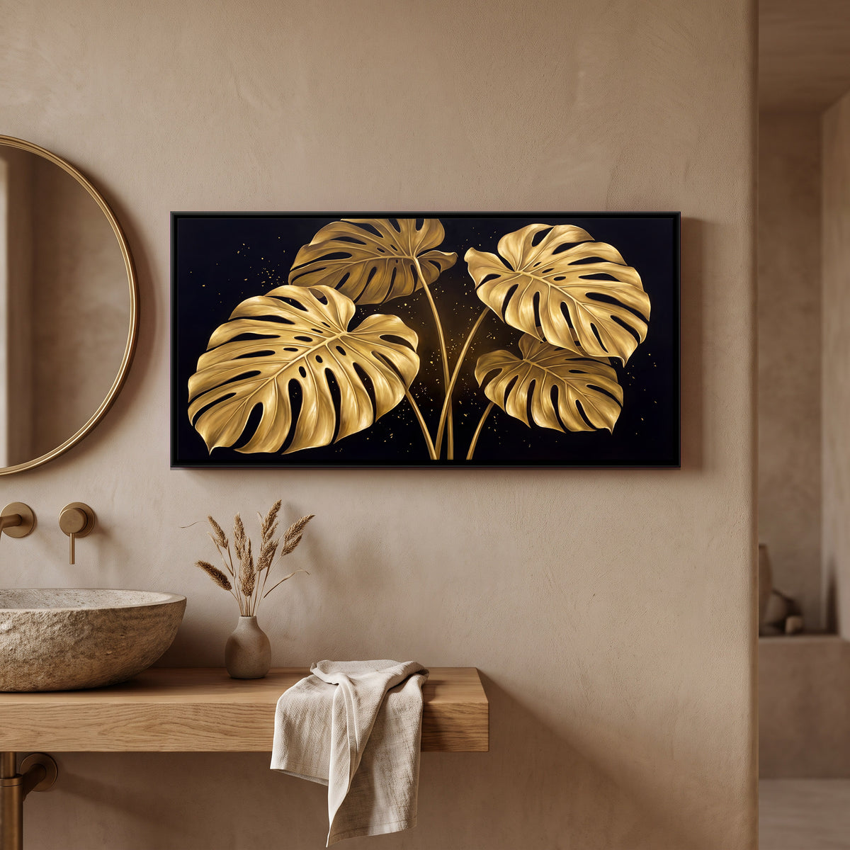 Golden Monstera Leaves - canvas art shown in a styled room