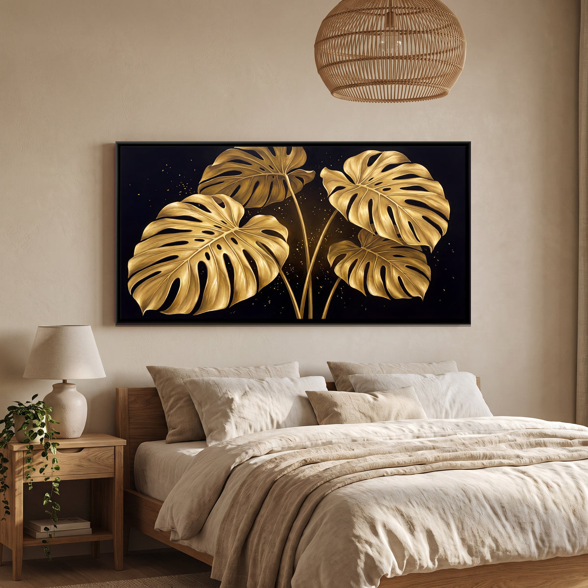 Golden Monstera Leaves - canvas art shown in a second room setting