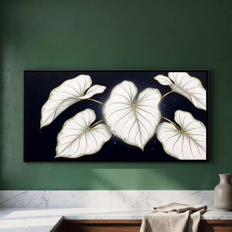 White Leaves on Black - framed canvas art hung on a wall